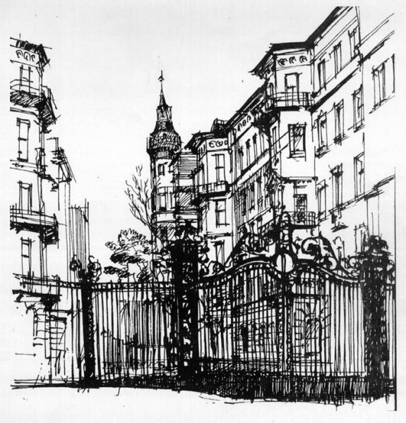 Архитектурный пейзаж гелевой ручкой