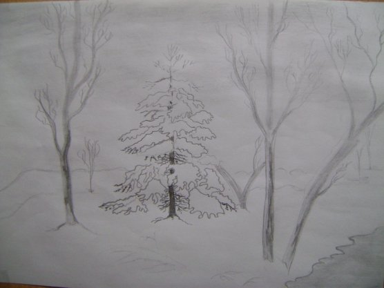 Зимний пейзаж карандашом для детей
