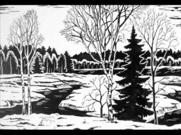 Зимний пейзаж в черно белом цвете рисунок (42 фото)