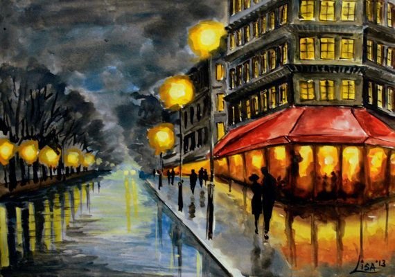 Ночной городской пейзаж гуашью