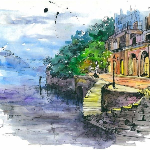 Акварель и линер пейзаж