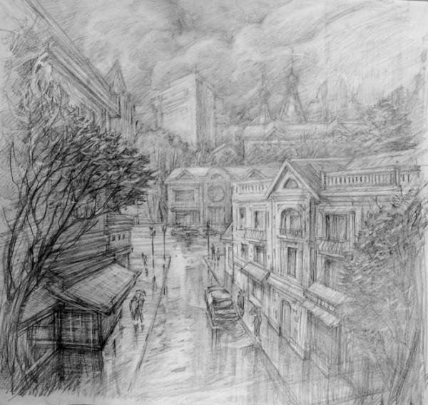 Городской пейзаж карандашом