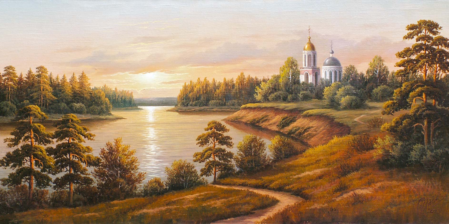 Пейзажи живопись маслом река Церковь