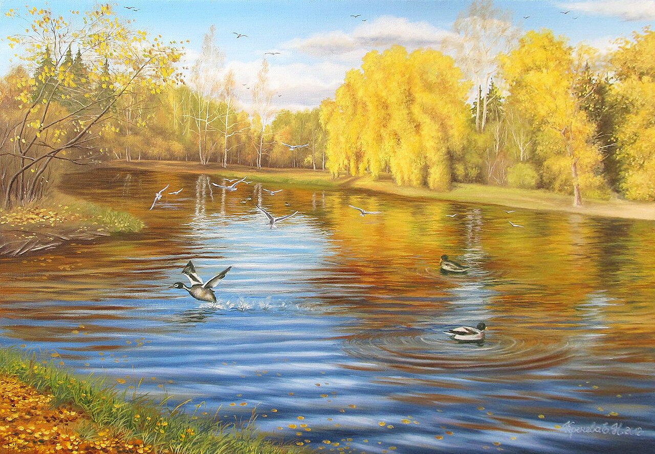 Осенний пруд живопись