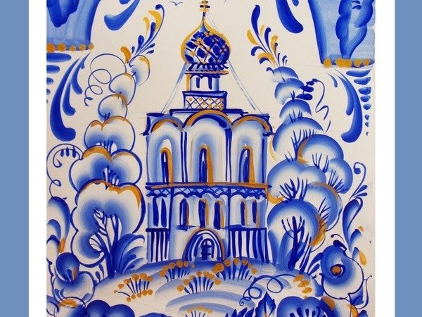 Зимний пейзаж гжельской росписью