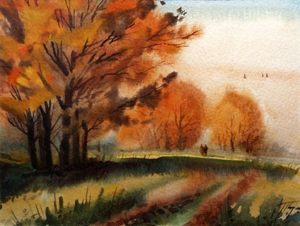 Осенний пейзаж акварелью по сырому