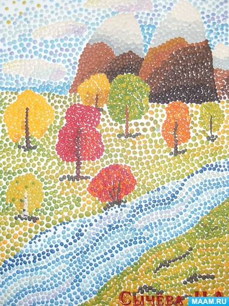 Техника пуантилизм дерево осеннее