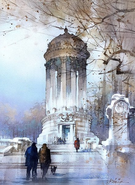 Пейзаж с архитектурой акварель (50 фото)