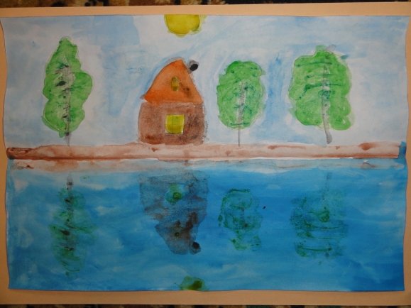 Пейзаж у озера монотипия в средней группе