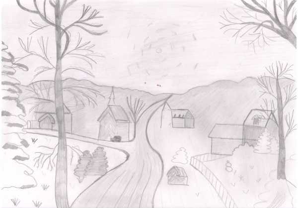 Деревенский пейзаж карандашом для детей