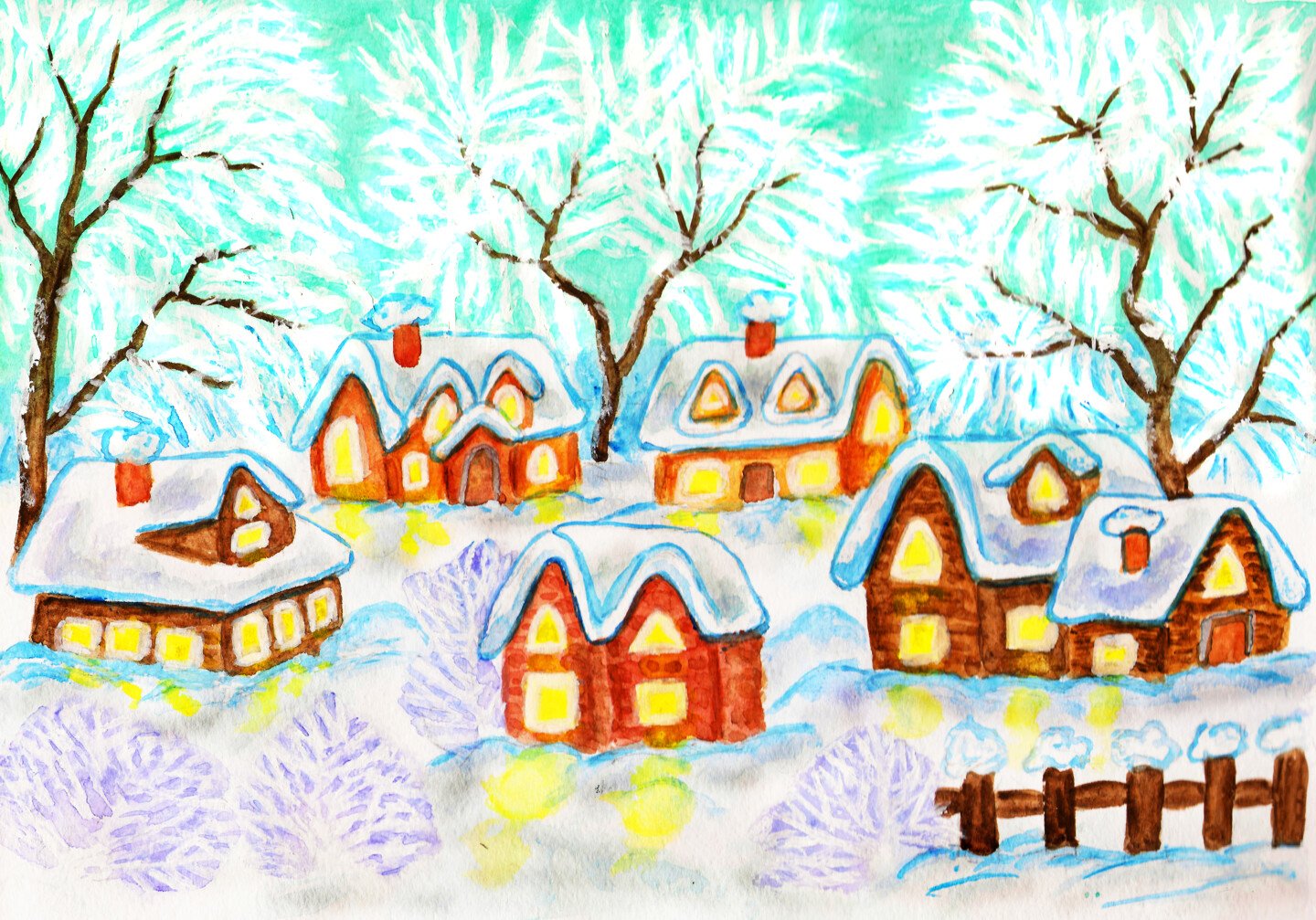Зимний пейзаж домик в деревне рисование с детьми