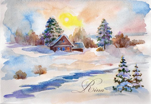 Зимний пейзаж гуашью и акварелью