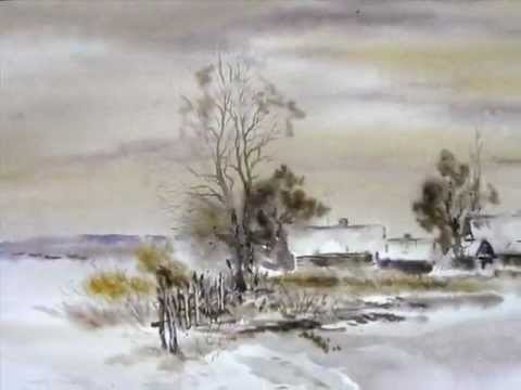 Пейзаж акварель падает снег