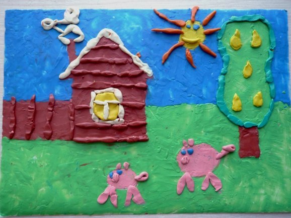 Дом из пластилина на картоне