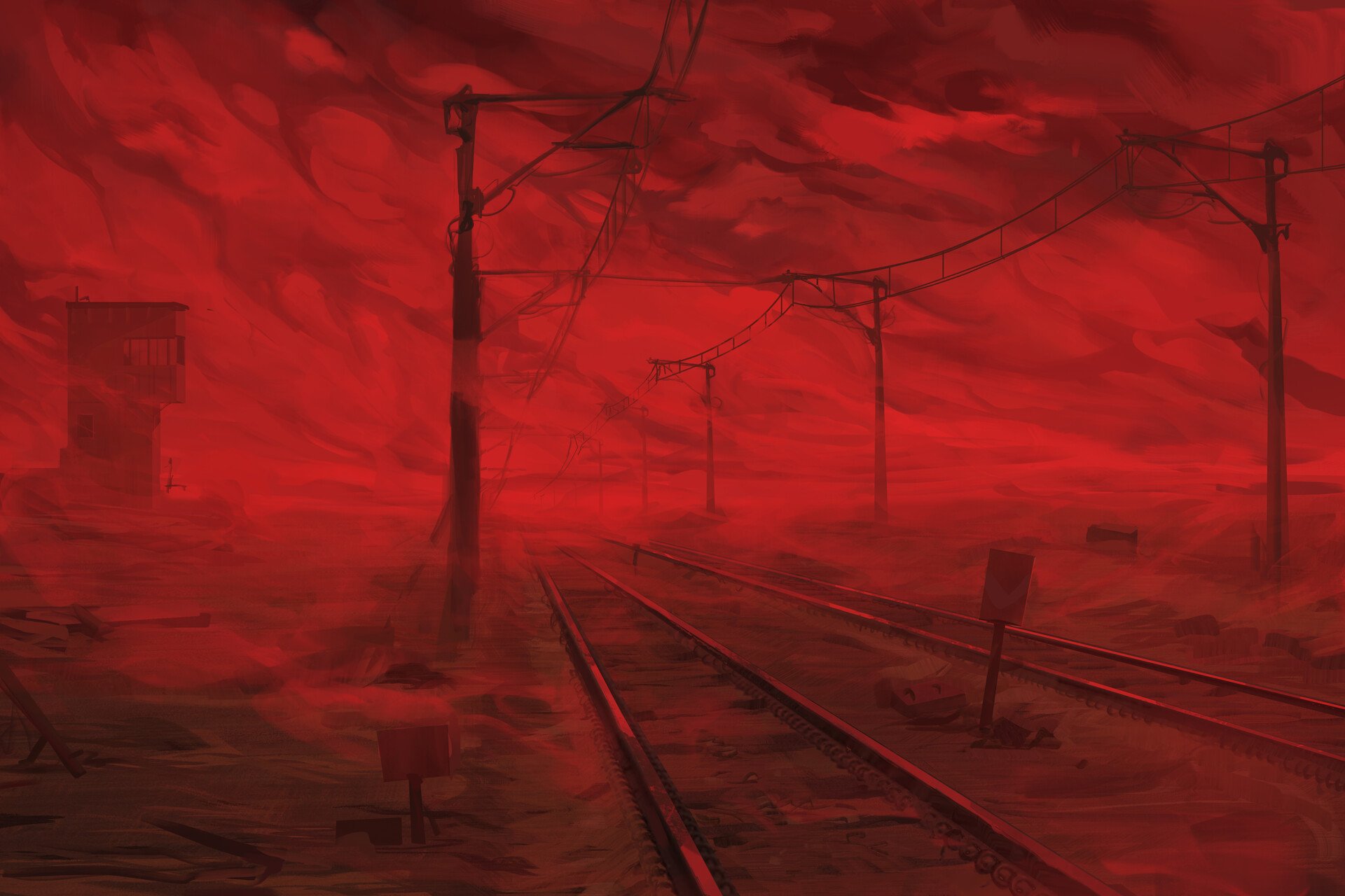 Чёрно красный пейзаж аниме