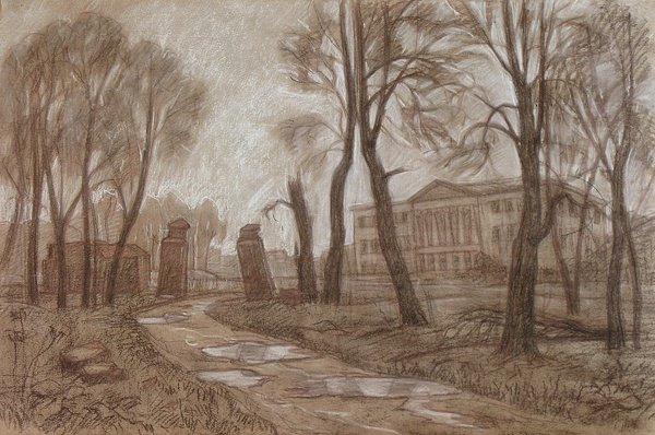 Деревенский пейзаж в графике