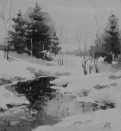 Гризайль акварелью пейзаж