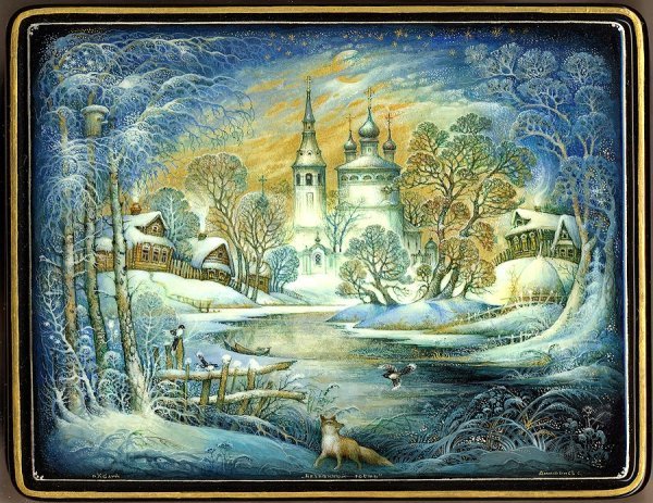 Лаковая миниатюра Федоскино пейзажи зимние