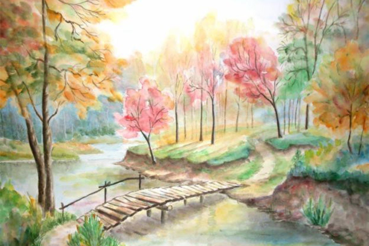 Картина для 3 класса. Осенний пейзаж цветными карандашами. Осенний пейзаж акварельными карандашами. Пейзаж карандашом и красками. Пейзаж цветными карандашами Весна.