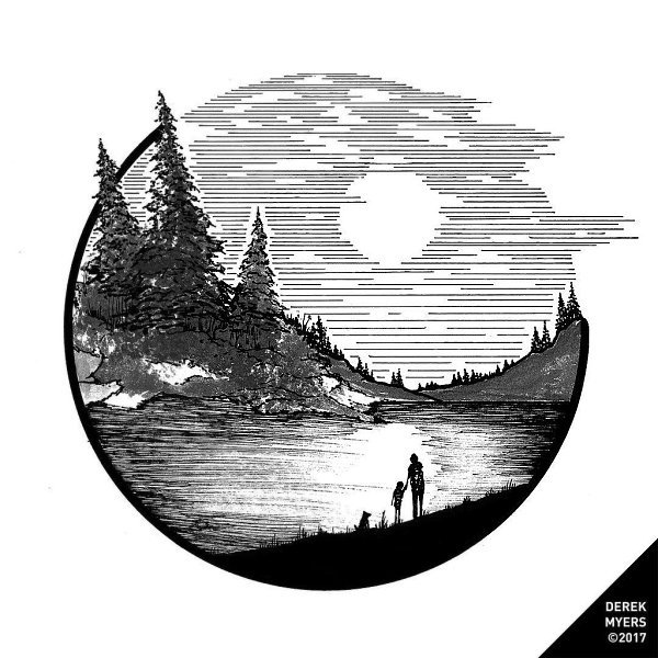 Пейзаж внутри круга черной ручкой