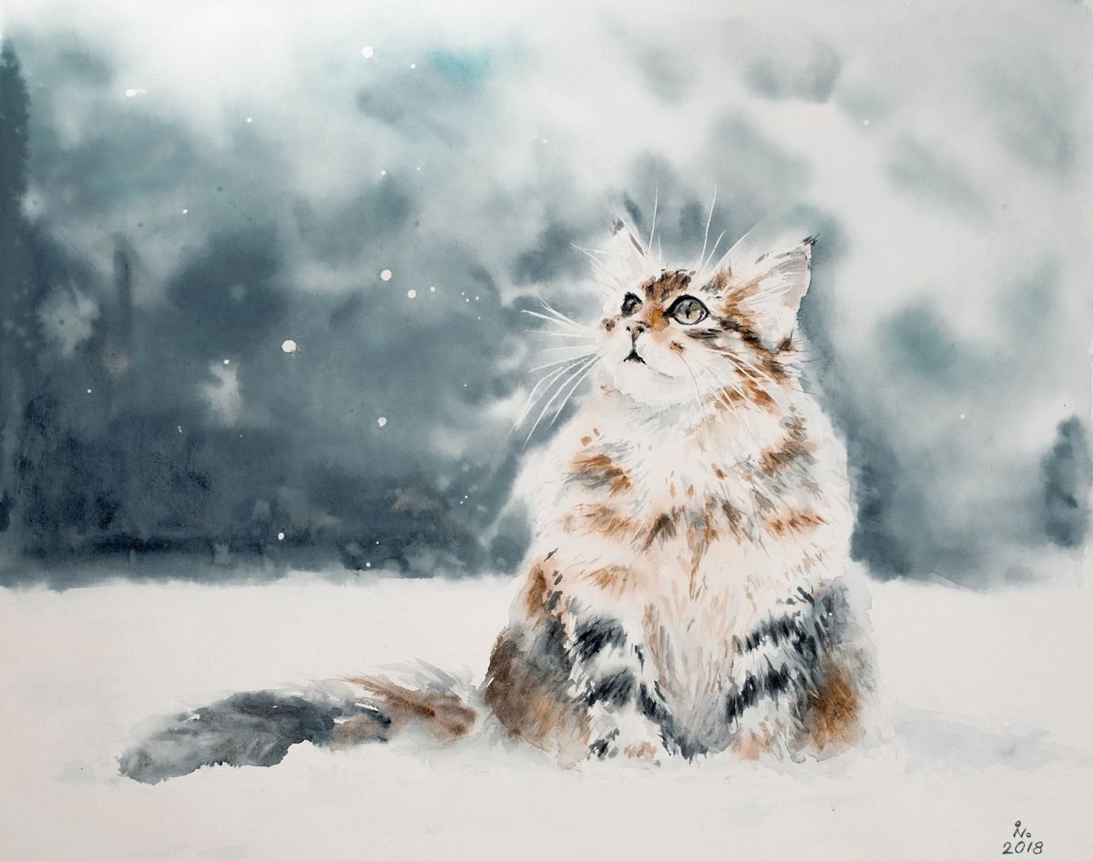 Котик под снегом акварель