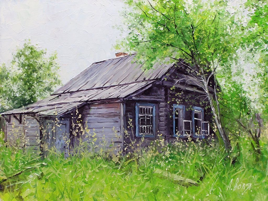 Мамин старенький домик. Деревенский домик. Сельский пейзаж живопись.