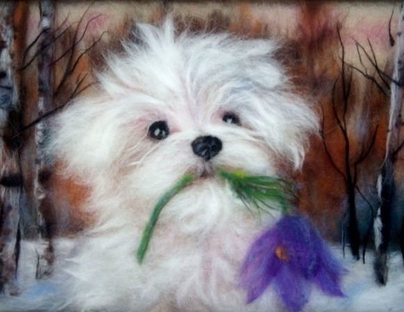Шерстяная живопись собачка