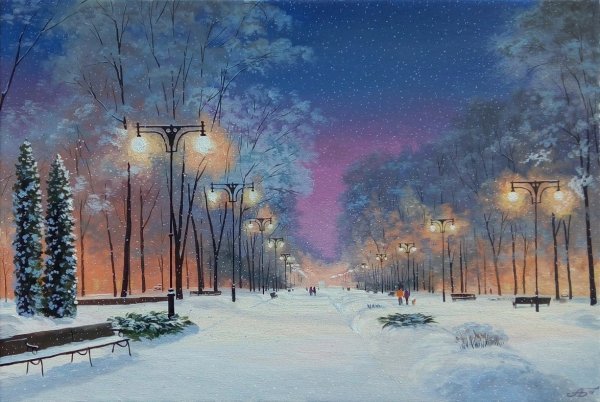 Снегопад в городе живопись (49 фото)