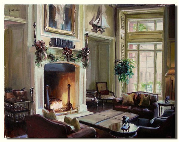 Интерьер с камином живопись