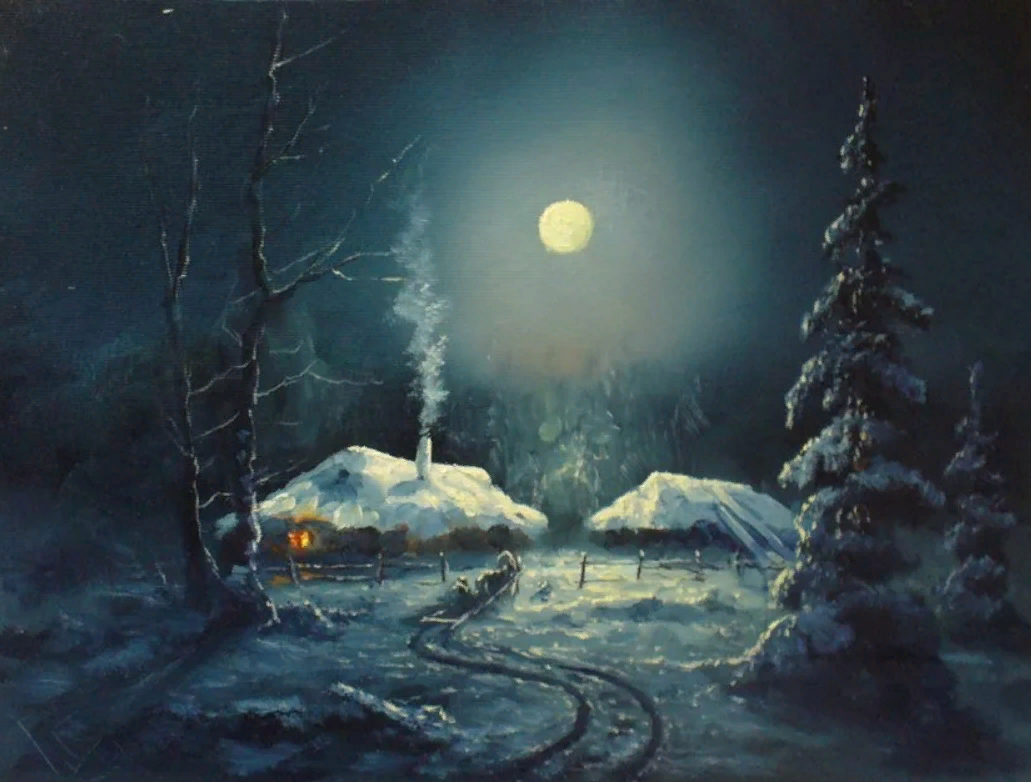 Стояла тихая морозная ночь. Зимняя Лунная ночь. Пейзаж ночь. Лунная зимняя ночь в лесу.