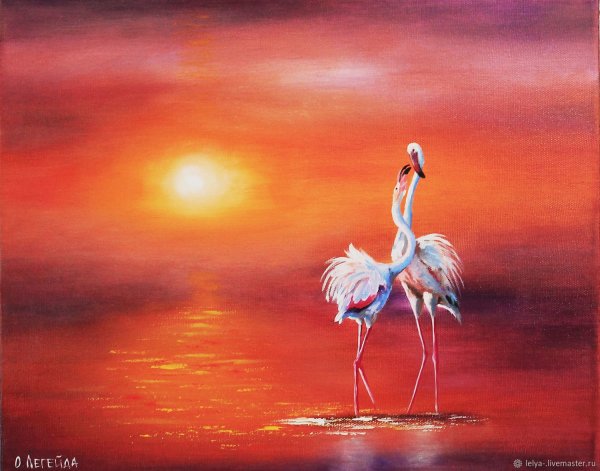 Розовый Фламинго на закате картины маслом