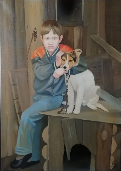 Мальчик с собакой живопись