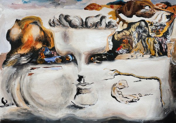 Сальвадор дали картина "явление лица и вазы с фруктами на берегу моря"