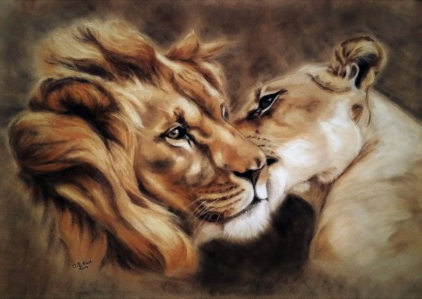 Лев с львицей картина темная