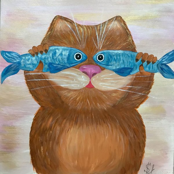 Рыжий котик с рыбкой