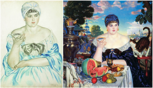 Б.М. Кустодиев, "Купчиха за чаем", 1918
