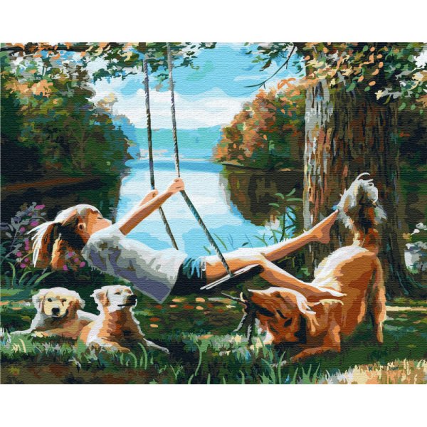 Собака на качелях живопись