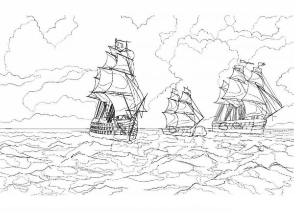 Раскраска море и корабль