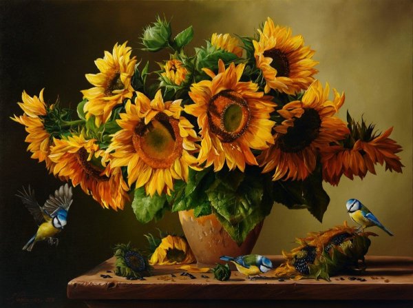 Подсолнухи с маками в живописи