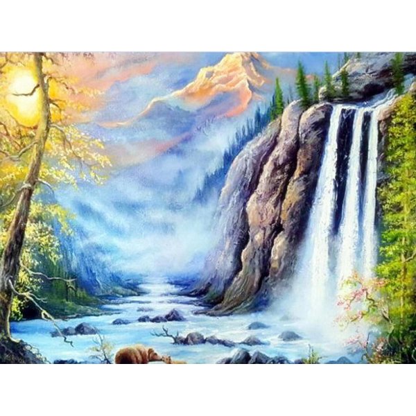 Горные пейзажи с водопадами и животными