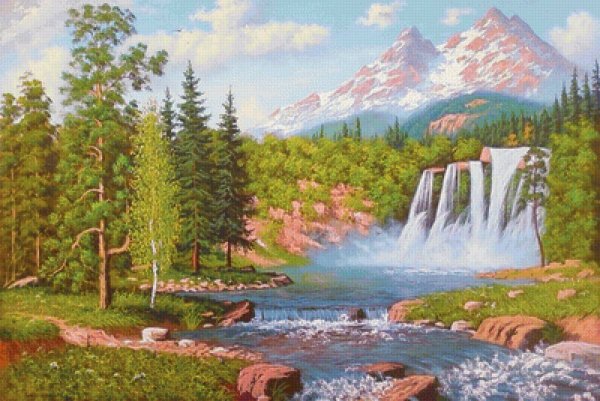 Вышивка водопад в горах