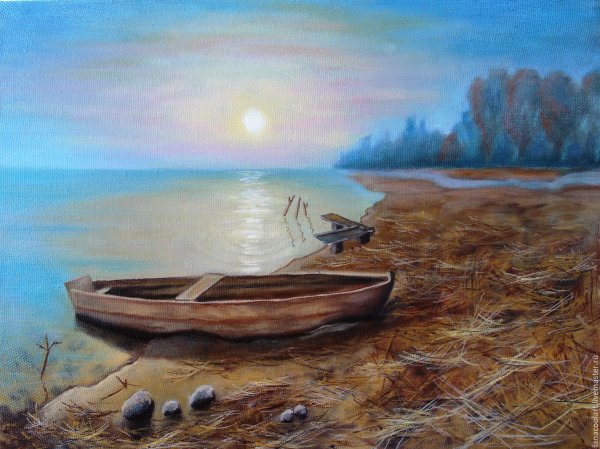 Картина с лодкой на реке