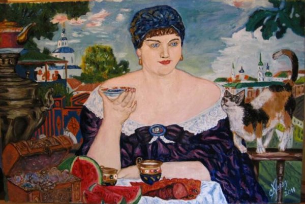 Кустодиев Купчиха пьющая чай