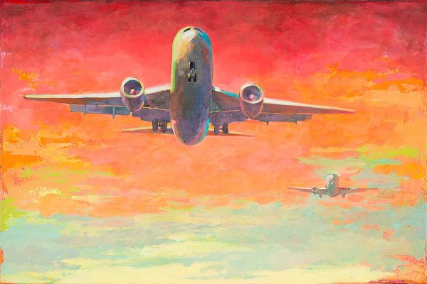 Взлетающий самолет акварелью