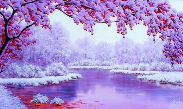 Зимний пейзаж в сиреневых тонах