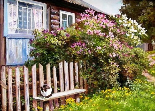 Деревенский домик с сиренью