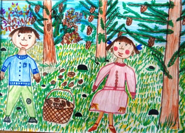 Корзина с еловыми шишками девочка