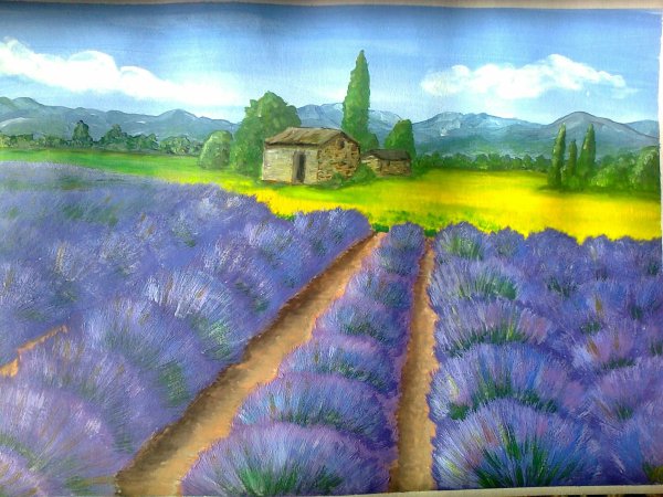 Лавандовый пейзаж гуашью