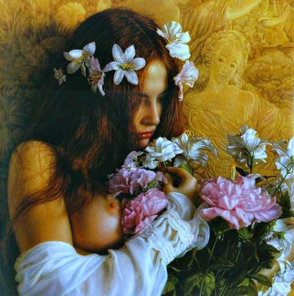 Девушка с цветами живопись