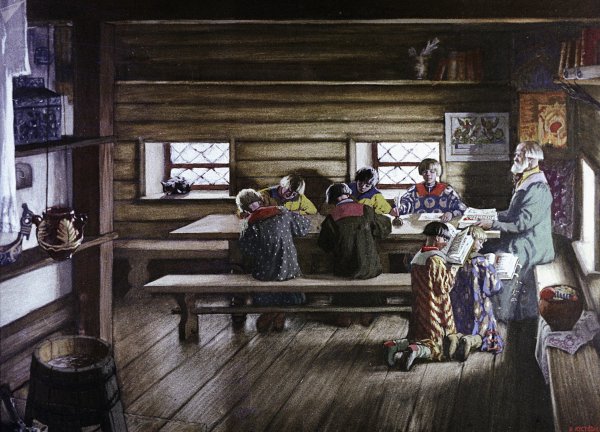 Кустодиев Земская школа в Московской Руси